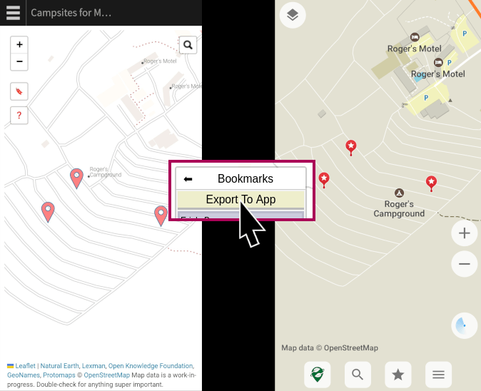 Screenshot, using "Export To App" feature to export bookmarks to Organic Maps"